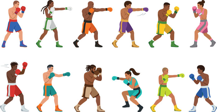 Boxing Fighter Character Vector Collection with Professional Boxers Punching Training and Combat Sports Poses