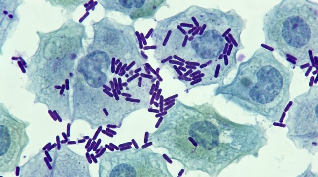 Microscopic view of Gram-positive rod-shaped bacteria infecting human epithelial cells