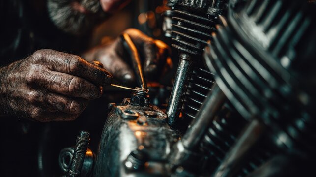 Mechanic with dirty hands working on motorcycle engine. Maintenance and repair concept.