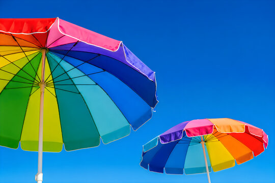 Colorful rainbow beach umbrellas. Bright striped sunshades against a clear blue sky.