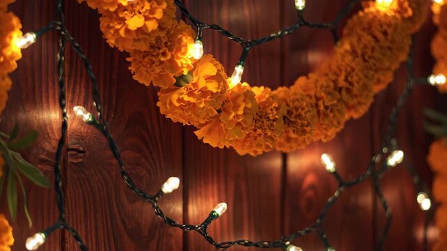 Marigold flower garland and fairy lights on wooden wall.