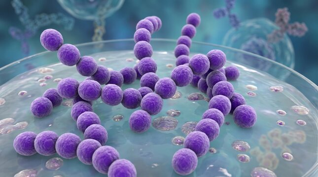 3D Render of Streptococcus Bacteria Chains on a Petri Dish