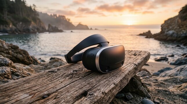 Virtual reality headset on wooden log by the beach