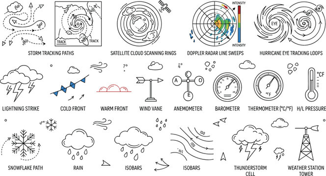 Meteorology and Weather Forecasting Icon Set Vector Featuring Doppler Radar Storm Tracking Systems Climate Fronts Barometers Thermometers and Weather Station Elements