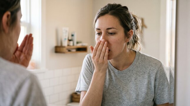 Young woman checking her breath in the bathroom mirror for halitosis and oral hygiene health