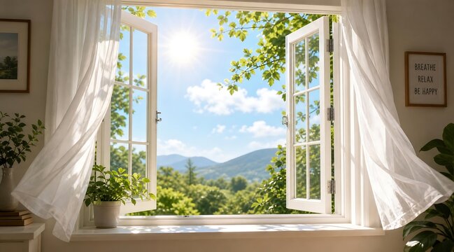Open white window with curtains blowing on a sunny day, revealing a fresh green mountain landscape.