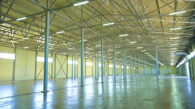 Modern Empty Warehouse Interior With Smooth Lateral Camera Movement