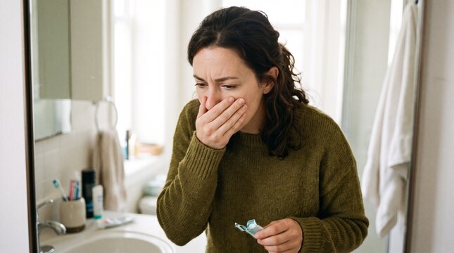 Woman Feeling Sick in Bathroom Holding Medicine