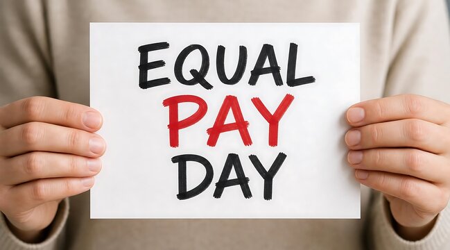 Person holding 'Equal Pay Day' sign, promoting gender wage equality and fairness