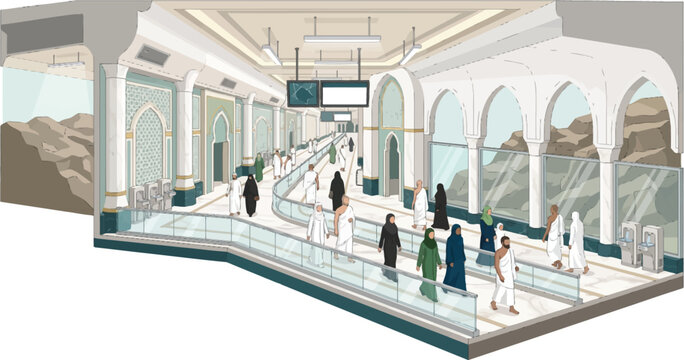 1 (3)_1.epsIsometric cutaway vector illustration of the Safa and Marwa indoor walkway in Mecca. Muslim pilgrims performing the Sa'i ritual, walking between the rocky hills inside the modern mosque com