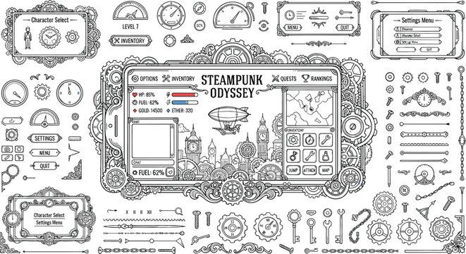 Steampunk Odyssey UI Icon Set with Ornate Gauge Dashboard, Vintage Map Screen, Gears, Keys, and Decorative Victorian Frame Elements