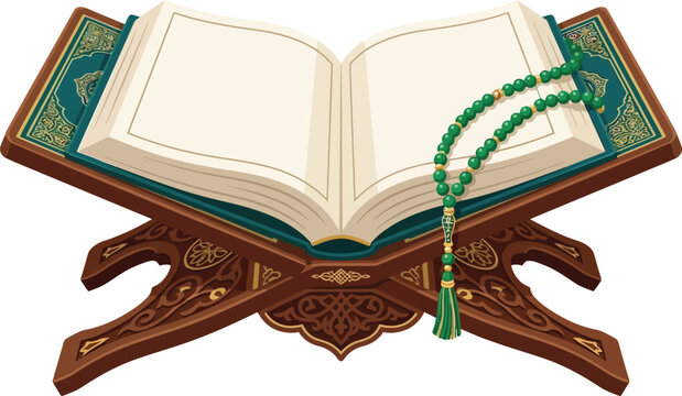 1 (4).epsBeautiful vector illustration of the Holy Quran open on a traditional carved wooden Rihal book stand, adorned with a string of green Tasbih prayer beads. Islamic faith and spirituality concep