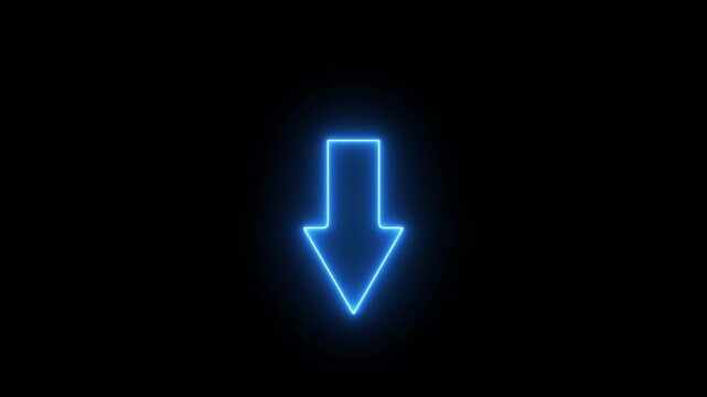 Glowing neon Animated arrow pointing downward on black background. Abstract glowing down arrow icon animation, 4k motion