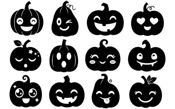 Black Silhouette Halloween Jack o Lanterns and Witch Hat on a White Background for Festive Designs