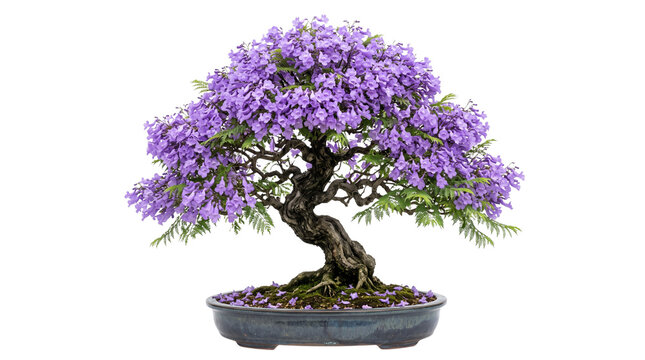 Jacaranda bonsai tree with purple flowers, blooming miniature tree in ceramic pot, ornamental flowering plant isolated on white background