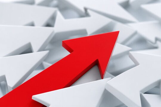 A Bold Contrarian Arrow Moving Against a Multitude of Conventional Arrows, Symbolizing Disruptive Innovation and Unique Business Strategy.