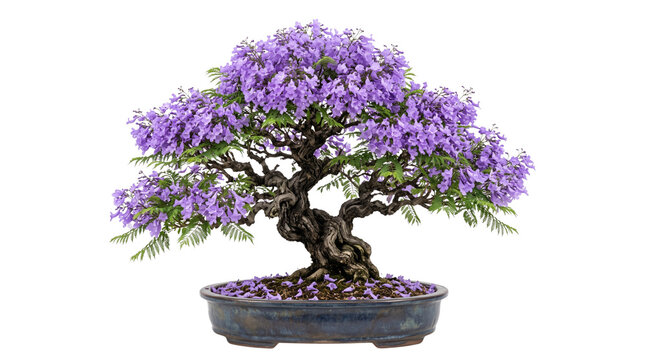 Jacaranda bonsai tree with purple flowers, blooming miniature tree in ceramic pot, ornamental flowering plant isolated on white background