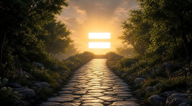 Stone path leading to glowing equal sign in forest at sunset for equality.
