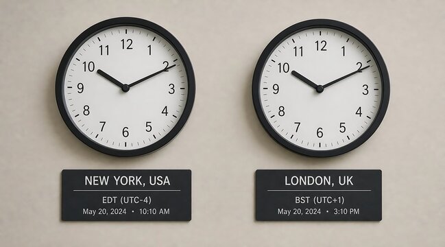 Two clocks showing New York and London time zones for global business.