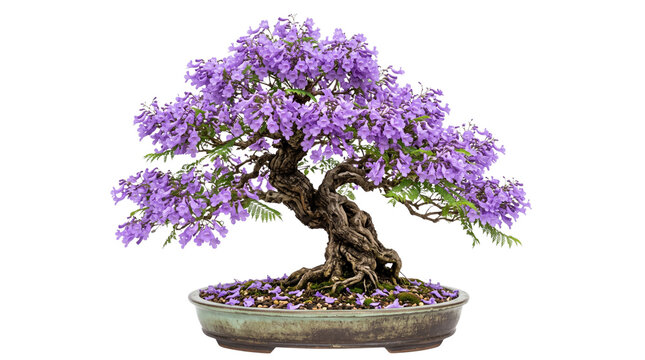 Jacaranda bonsai tree with purple flowers, blooming miniature tree in ceramic pot, flowering jacaranda mimosifolia bonsai isolated on white background