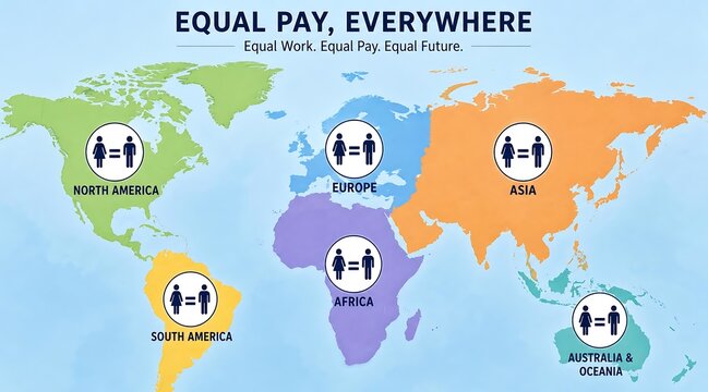World map with gender equality icons promoting equal pay everywhere