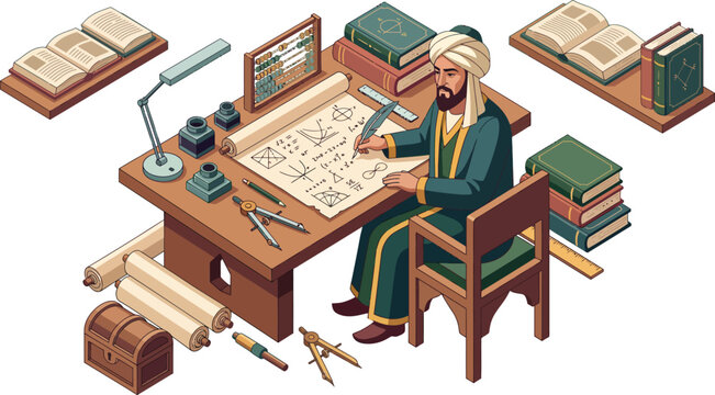1 (10).epsIsometric vector illustration of a historical Islamic scholar and mathematician working at a wooden desk with scrolls, books, an abacus, and geometry tools. Golden age of Islam education con