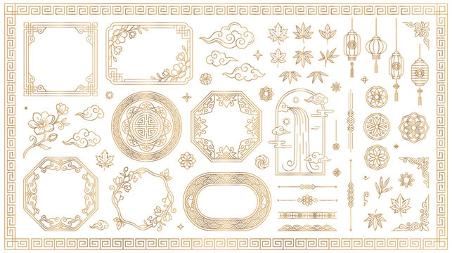 Golden chinese lunar new year frames and cloud motifs.