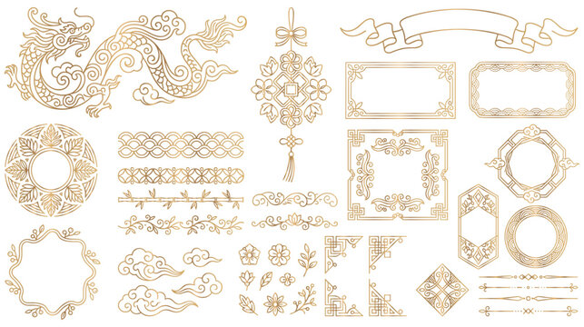 Asian traditional golden decorative ornaments and frames set.