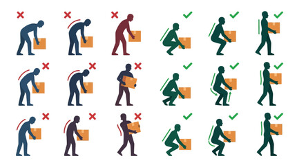 Proper and improper manual handling techniques for lifting boxes © Egi