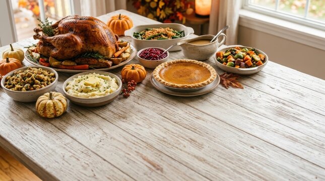 Delicious Thanksgiving dinner spread with roasted turkey and seasonal vegetables