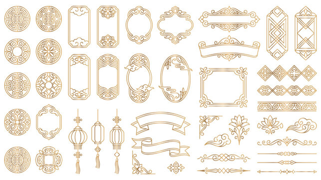 Set of golden chinese frames and ornate decorative borders.