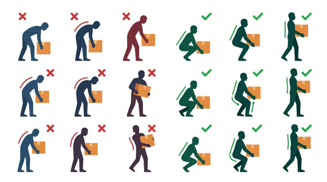 Proper and improper manual handling techniques for lifting boxes