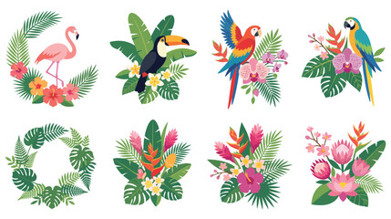 Tropical bird and flower arrangements with exotic flora. © Amir