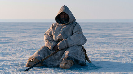 Naklejka premium Inuit ice fisher drilling through a frozen lake surface in a vast arctic plain under pale winter sky, cold weather subsistence, northern indigenous lifestyle, traditional food