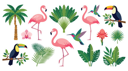 Naklejka premium Set of exotic birds, hummingbirds, and tropical leaves.