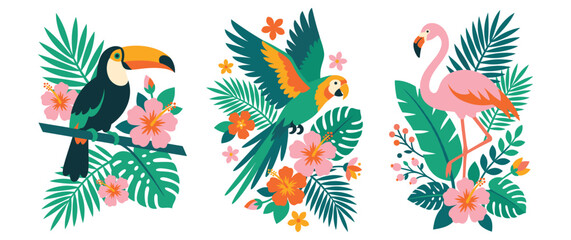 Obraz premium Exotic birds and tropical leaves on white background.