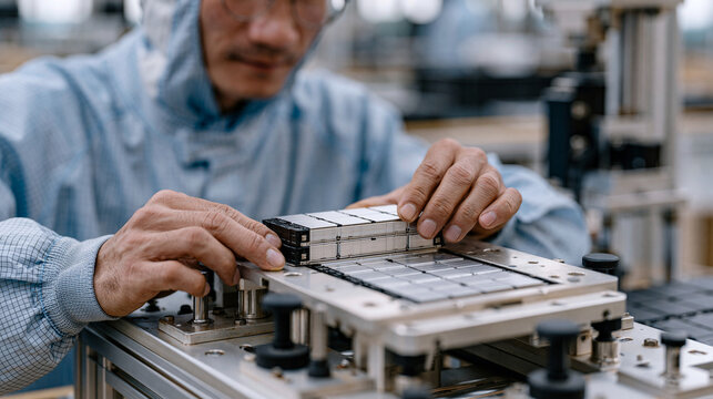 EV battery assembly worker in a cleanroom suit carefully aligning a prismatic cell stack on a precision fixture, electric vehicle manufacturing, factory automation, sustainable