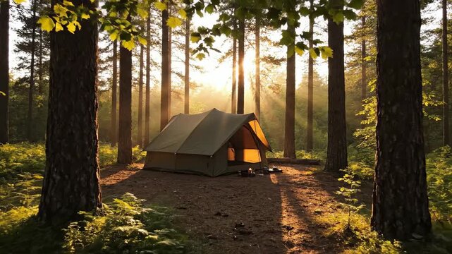 A small canvas shelter sits peacefully nestled within a dense coniferous forest as golden hour sunlight breaks through the tall tree trunks to create a warm atmosphere for an overnight