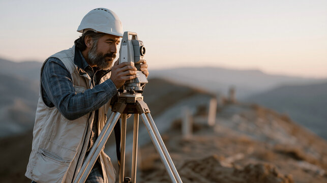 A geographic surveyor aims a total station instrument across a remote hillside at dawn, tripod legs planted in soft earth, survey stakes dotting the slope behind, land