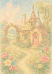 Obraz premium Whimsical cottage amidst blooming flowers.