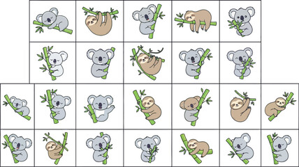 Obraz premium Cute cartoon koalas and sloths climbing on bamboo branches vector collection