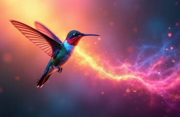 Fototapeta premium Small hummingbird flies in air. Vivid bird wings flap fast creating bright energy trail of neon light against soft dusk sky. Tiny creature hovers with motion blur effect. Nature wildlife meets