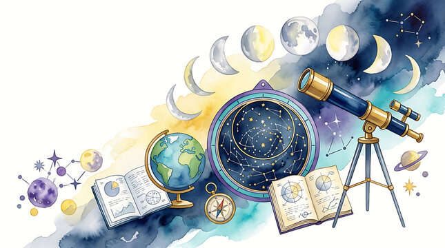 Astronomy concept featuring a telescope, globe, star map, compass, and moon phase cycle