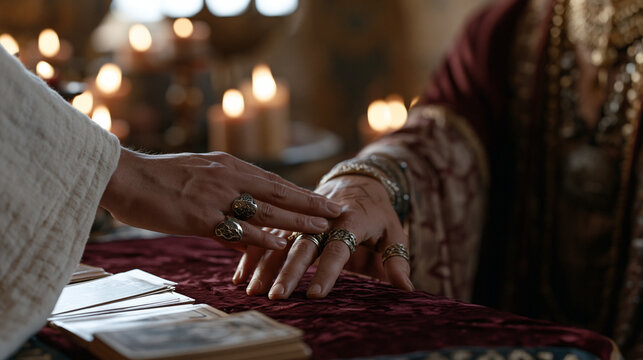 A palm reader traces the lines of a client's outstretched hand across a velvet-draped table in a dim candlelit booth, rings on every finger, tarot cards stacked nearby, mysticism,