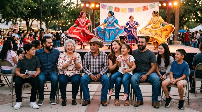 Multi generational Hispanic family enjoys vibrant cultural festival with traditional dancers on stage
