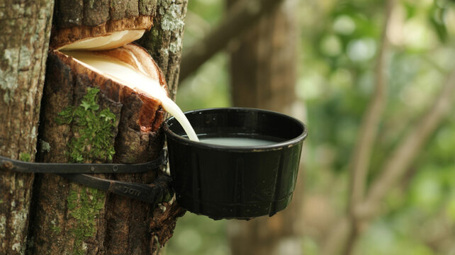 Natural rubber latex flows from a tapped tree into collection cup.
