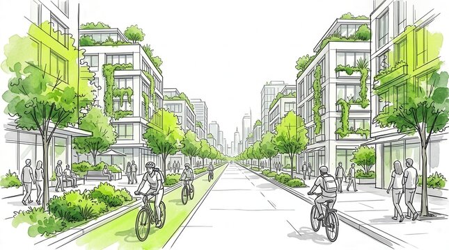 Eco-friendly elements integrated into a sustainable urban design concept.