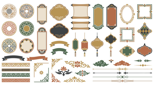 Set of asian ornamental frames borders and decorative elements.