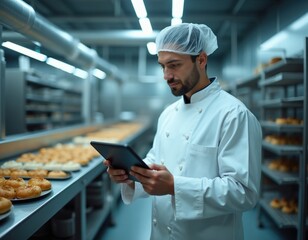 Baker in uniform checks recipes on tablet. Man works in production line at food factory. Chef manages baking process using modern tech device in bakery.