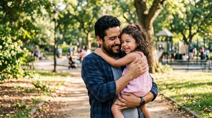 Fototapeta premium Joyful Hispanic Father Embraces Daughter in Park Celebrating National Hispanic Heritage Month